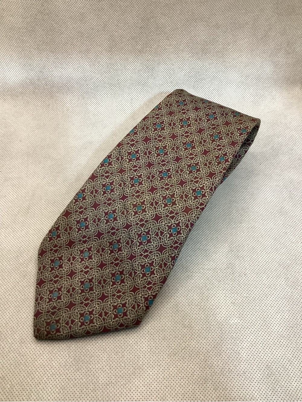 Vintage Christian Dior Monsieur Silk Necktie Burgundy Geometric Pattern USA